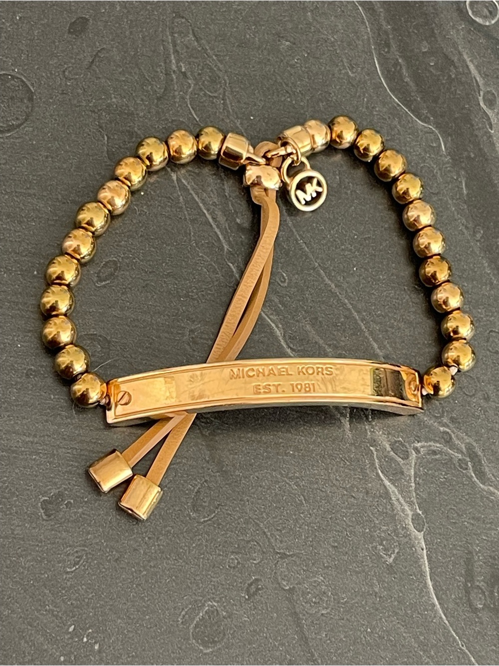 Michael Kors Rose Gold tone Beaded Logo Stretch Bracelet